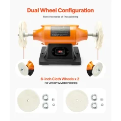 VEVOR 1/2HP Bench Buffer Polisher, 6-inch Bench Polishing Buffing Machine, 3450RPM Single Speed Benchtop Polisher with 2PCS Cloth Wheels & Cast Iron Base for Metal, Jewelry, Wood Polishing
