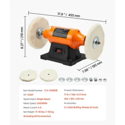 VEVOR 1/2HP Bench Buffer Polisher, 6-inch Bench Polishing Buffing Machine, 3450RPM Single Speed Benchtop Polisher with 2PCS Cloth Wheels & Cast Iron Base for Metal, Jewelry, Wood Polishing