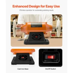 VEVOR 1/2HP Bench Buffer Polisher, 6-inch Bench Polishing Buffing Machine, 3450RPM Single Speed Benchtop Polisher with 2PCS Cloth Wheels & Cast Iron Base for Metal, Jewelry, Wood Polishing