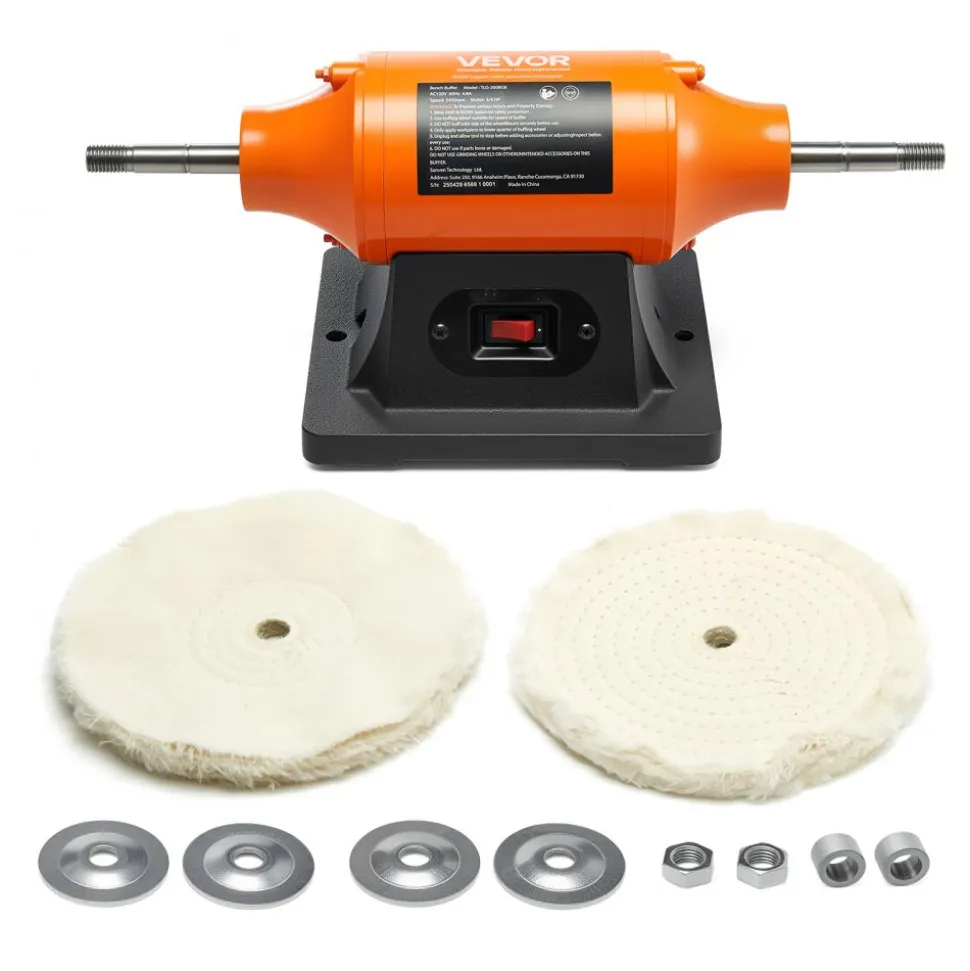 VEVOR 3/4HP Bench Buffer Polisher, 8-inch Bench Polishing Buffing Machine, 3450RPM Single Speed Benchtop Polisher with 2PCS Cloth Wheels & Cast Iron Base for Metal, Jewelry, Wood Polishing