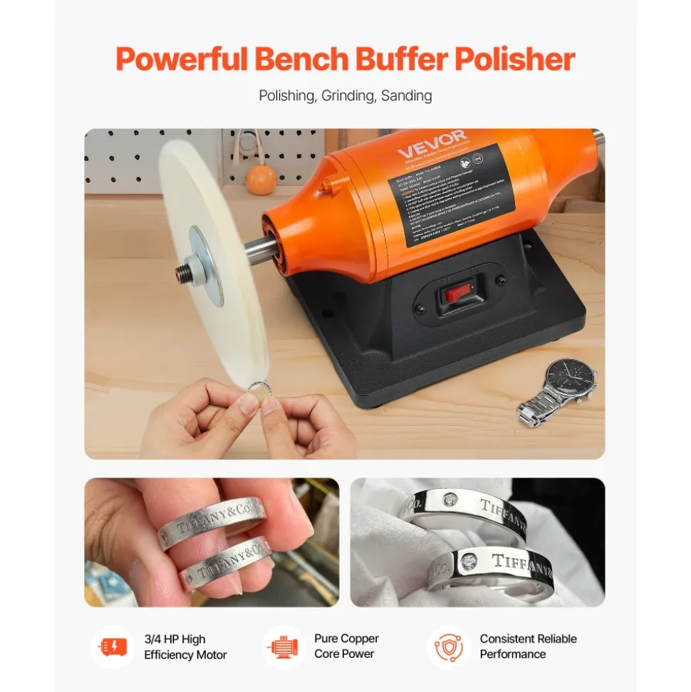 VEVOR 3/4HP Bench Buffer Polisher, 8-inch Bench Polishing Buffing Machine, 3450RPM Single Speed Benchtop Polisher with 2PCS Cloth Wheels & Cast Iron Base for Metal, Jewelry, Wood Polishing