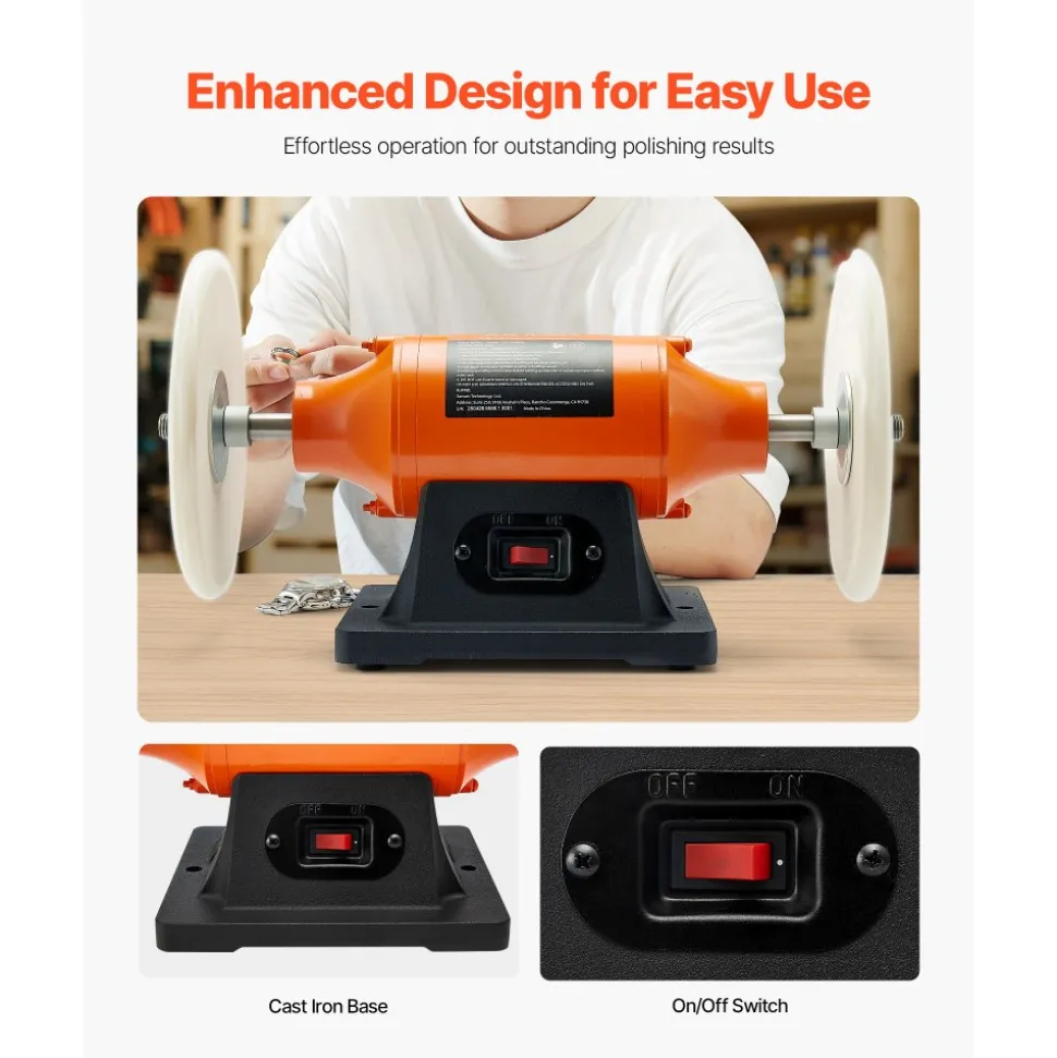 VEVOR 3/4HP Bench Buffer Polisher, 8-inch Bench Polishing Buffing Machine, 3450RPM Single Speed Benchtop Polisher with 2PCS Cloth Wheels & Cast Iron Base for Metal, Jewelry, Wood Polishing