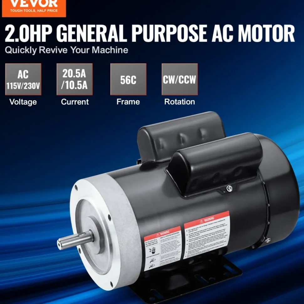 VEVOR 2HP Electric Motor 1725 rpm, AC 115V/230V, 56C Frame, Air Compressor Motor Single Phase, 5/8" Keyed Shaft, CW/CCW Rotation for Agricultural Machinery and General Equipment