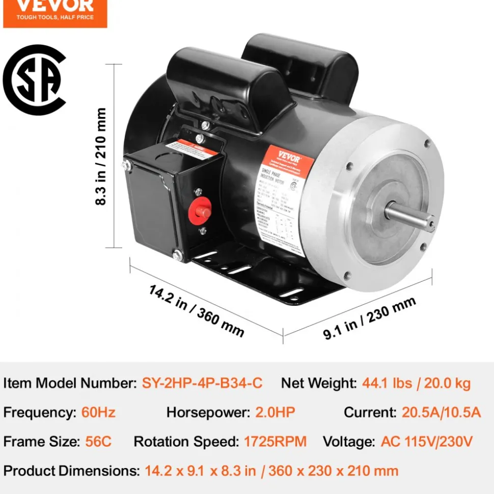 VEVOR 2HP Electric Motor 1725 rpm, AC 115V/230V, 56C Frame, Air Compressor Motor Single Phase, 5/8" Keyed Shaft, CW/CCW Rotation for Agricultural Machinery and General Equipment