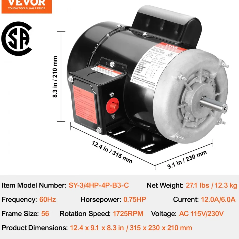 VEVOR 0.75HP Electric Motor 1725 rpm, AC 115V/230V, 56 Frame, Air Compressor Motor Single Phase, 5/8" Keyed Shaft, CW/CCW Rotation for Agricultural Machinery and General Equipment