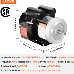 VEVOR 1.5HP Electric Motor 3450 rpm, AC 115V/230V, 56C Frame, Air Compressor Motor Single Phase, 5/8