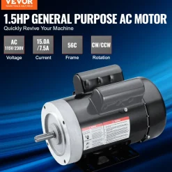 VEVOR 1.5HP Electric Motor 3450 rpm, AC 115V/230V, 56C Frame, Air Compressor Motor Single Phase, 5/8