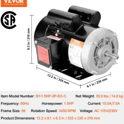 VEVOR 2HP Electric Motor 3450 rpm, AC 230V/460V, 56C Frame, Air Compressor Motor 3-Phase, 5/8