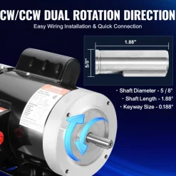 VEVOR 1.5HP Electric Motor 1725 rpm, AC 115V/230V, 56C Frame, Air Compressor Motor Single Phase, 5/8