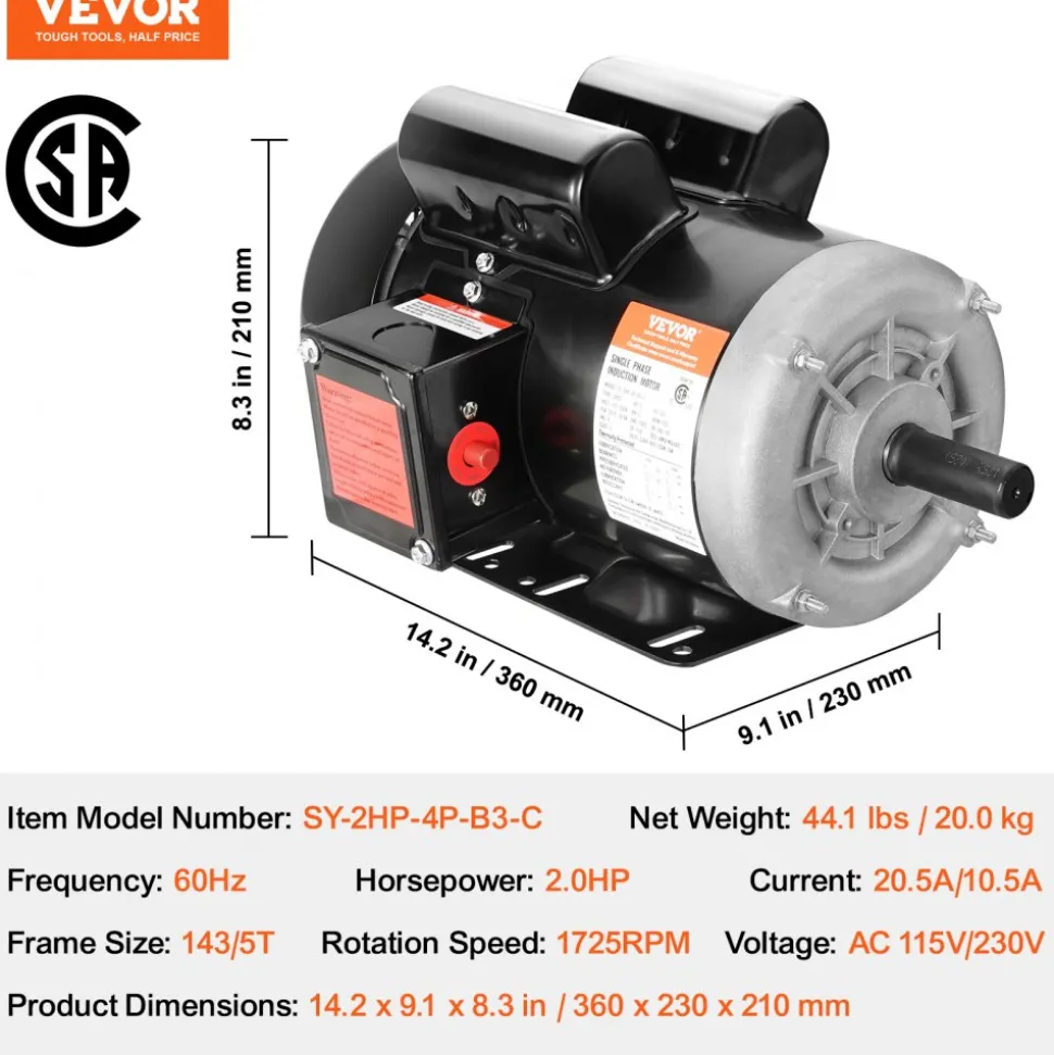 VEVOR 0.75HP Electric Motor 1725 rpm, AC 115V/230V, 56C Frame, Air Compressor Motor Single Phase, 5/8" Keyed Shaft, CW/CCW Rotation for Agricultural Machinery and General Equipment