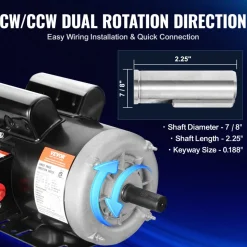 VEVOR 0.75HP Electric Motor 1725 rpm, AC 115V/230V, 56C Frame, Air Compressor Motor Single Phase, 5/8
