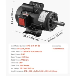 VEVOR 5 HP Electric Motor, 1725RPM Air Compressor Motor, CW/CCW Rotation, 1.125 inch Shaft Diameter, 2.75inch Shaft Length, 20.7N.m Torque, Single-Phase, ODP Cooling, 230V, 184T Frame