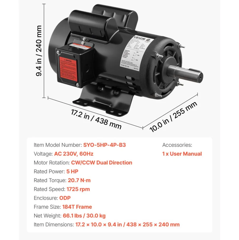 VEVOR 5 HP Electric Motor, 1725RPM Air Compressor Motor, CW/CCW Rotation, 1.125 inch Shaft Diameter, 2.75inch Shaft Length, 20.7N.m Torque, Single-Phase, ODP Cooling, 230V, 184T Frame