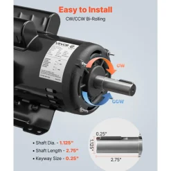 VEVOR 5 HP Electric Motor, 1725RPM Air Compressor Motor, CW/CCW Rotation, 1.125 inch Shaft Diameter, 2.75inch Shaft Length, 20.7N.m Torque, Single-Phase, ODP Cooling, 230V, 184T Frame
