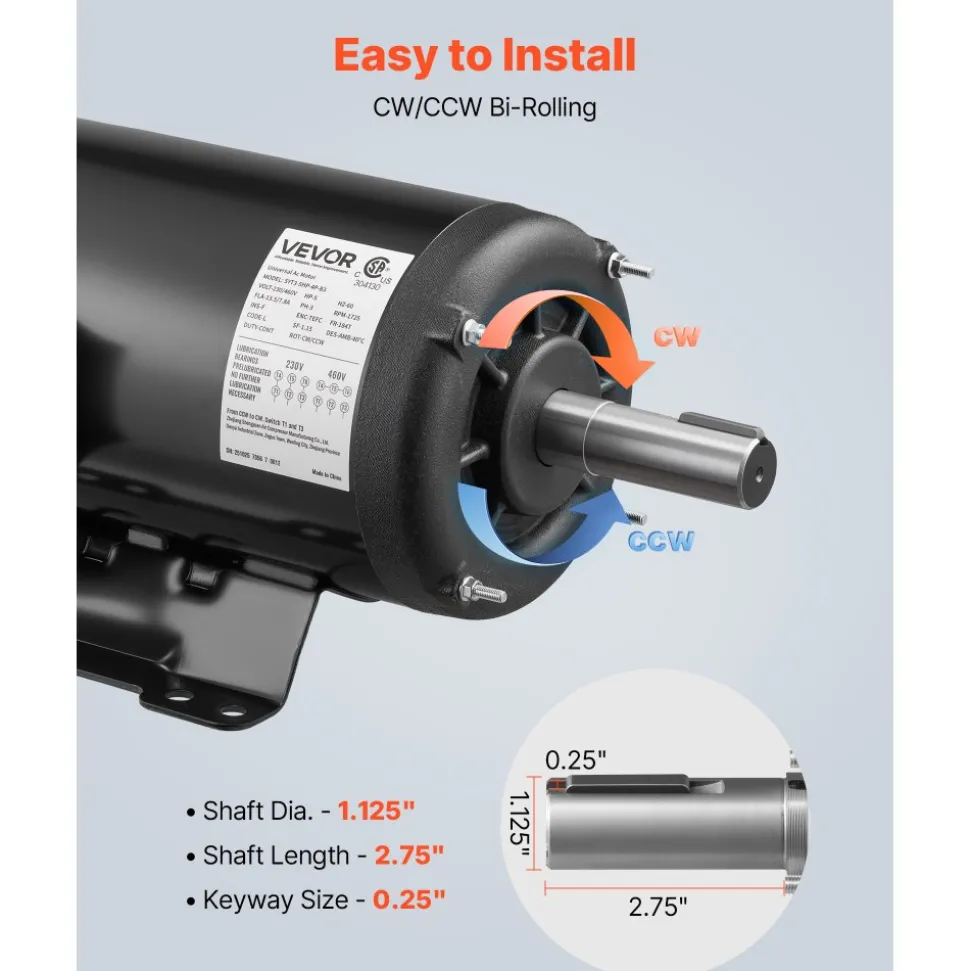 VEVOR 5 HP Electric Motor, 1725RPM Air Compressor Motor, CW/CCW Rotation, 1.125 inch Shaft Diameter, 2.75inch Shaft Length, 20.7N.m Torque, Three-Phase, TEFC Cooling, 230V/460V, 184T Frame