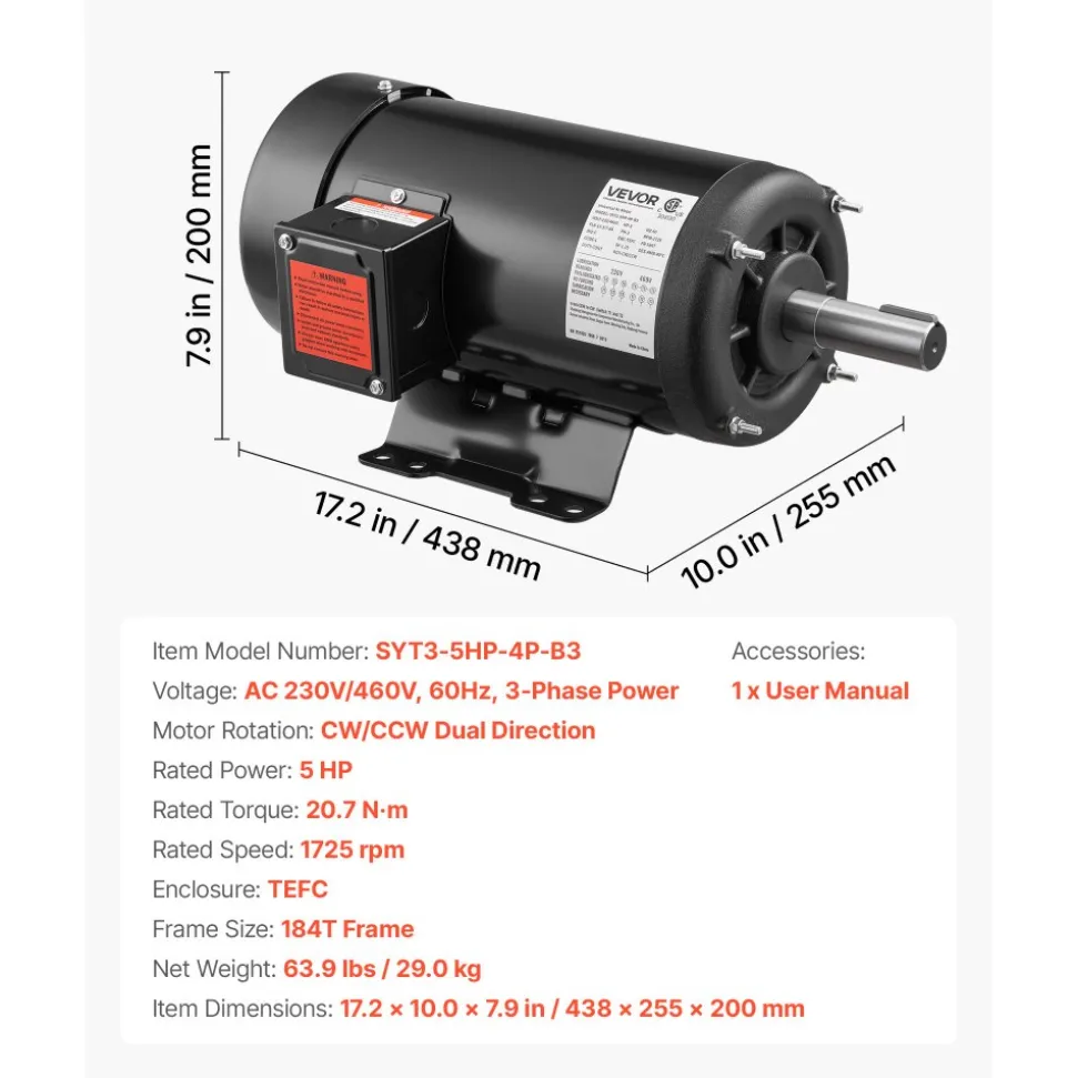 VEVOR 5 HP Electric Motor, 1725RPM Air Compressor Motor, CW/CCW Rotation, 1.125 inch Shaft Diameter, 2.75inch Shaft Length, 20.7N.m Torque, Three-Phase, TEFC Cooling, 230V/460V, 184T Frame