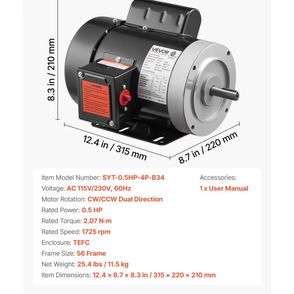 VEVOR 0.5 HP Electric Motor, 1725RPM Air Compressor Motor, CW/CCW Rotation, 5/8 inch Shaft Diameter, 1.88inch Shaft Length, 2.07N.m Torque, Single-Phase, TEFC Cooling, 115V/230V, 56 Frame