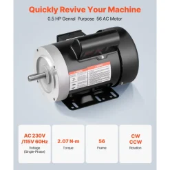 VEVOR 0.5 HP Electric Motor, 1725RPM Air Compressor Motor, CW/CCW Rotation, 5/8 inch Shaft Diameter, 1.88inch Shaft Length, 2.07N.m Torque, Single-Phase, TEFC Cooling, 115V/230V, 56 Frame