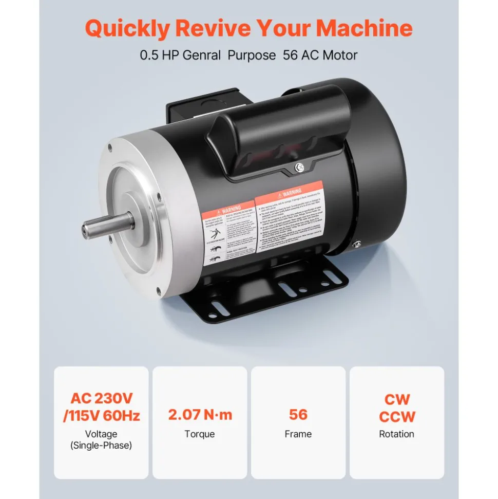 VEVOR 0.5 HP Electric Motor, 1725RPM Air Compressor Motor, CW/CCW Rotation, 5/8 inch Shaft Diameter, 1.88inch Shaft Length, 2.07N.m Torque, Single-Phase, TEFC Cooling, 115V/230V, 56 Frame