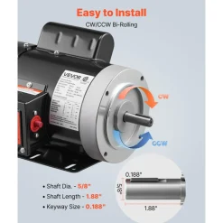 VEVOR 0.5 HP Electric Motor, 1725RPM Air Compressor Motor, CW/CCW Rotation, 5/8 inch Shaft Diameter, 1.88inch Shaft Length, 2.07N.m Torque, Single-Phase, TEFC Cooling, 115V/230V, 56 Frame