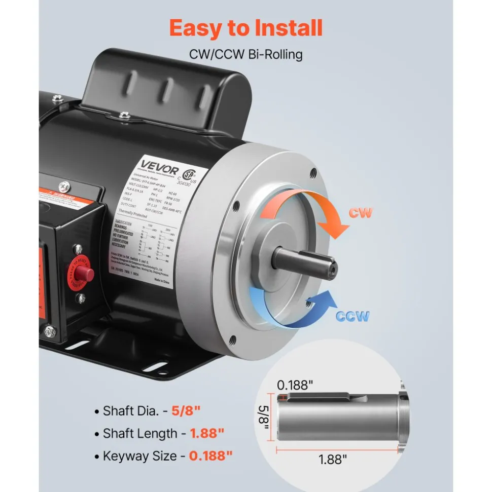 VEVOR 0.5 HP Electric Motor, 1725RPM Air Compressor Motor, CW/CCW Rotation, 5/8 inch Shaft Diameter, 1.88inch Shaft Length, 2.07N.m Torque, Single-Phase, TEFC Cooling, 115V/230V, 56 Frame