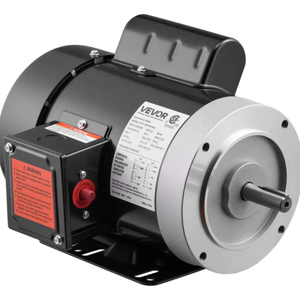 VEVOR 0.5 HP Electric Motor, 1725RPM Air Compressor Motor, CW/CCW Rotation, 5/8 inch Shaft Diameter, 1.88inch Shaft Length, 2.07N.m Torque, Single-Phase, TEFC Cooling, 115V/230V, 56 Frame