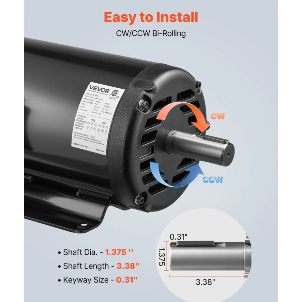 VEVOR 10 HP Electric Motor, 1770RPM Air Compressor Motor, CW/CCW Rotation, 1.375 inch Shaft Diameter, 3.88inch Shaft Length, 40N.m Torque, Three-Phase, 230V/460V, ODP Cooling, 215T Frame