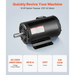 VEVOR 10 HP Electric Motor, 1770RPM Air Compressor Motor, CW/CCW Rotation, 1.375 inch Shaft Diameter, 3.88inch Shaft Length, 40N.m Torque, Three-Phase, 230V/460V, ODP Cooling, 215T Frame