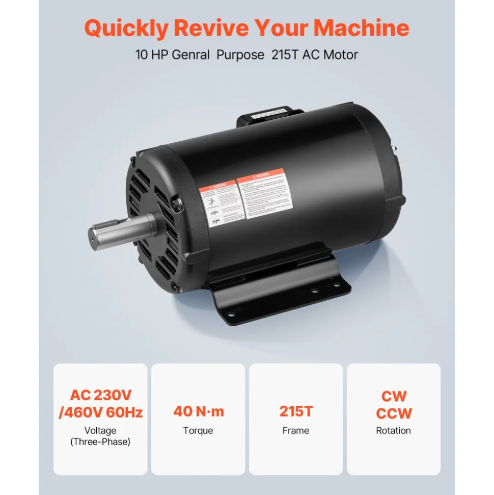 VEVOR 10 HP Electric Motor, 1770RPM Air Compressor Motor, CW/CCW Rotation, 1.375 inch Shaft Diameter, 3.88inch Shaft Length, 40N.m Torque, Three-Phase, 230V/460V, ODP Cooling, 215T Frame