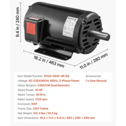 VEVOR 10 HP Electric Motor, 1770RPM Air Compressor Motor, CW/CCW Rotation, 1.375 inch Shaft Diameter, 3.88inch Shaft Length, 40N.m Torque, Three-Phase, 230V/460V, ODP Cooling, 215T Frame