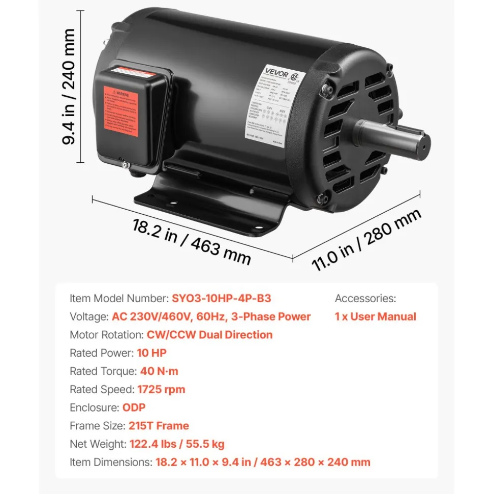 VEVOR 10 HP Electric Motor, 1770RPM Air Compressor Motor, CW/CCW Rotation, 1.375 inch Shaft Diameter, 3.88inch Shaft Length, 40N.m Torque, Three-Phase, 230V/460V, ODP Cooling, 215T Frame