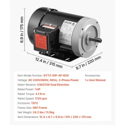 VEVOR 1 HP Electric Motor, 1725RPM Air Compressor Motor, CW/CCW Rotation, 5/8 inch Shaft Diameter, 1.88inch Shaft Length, 4.1N.m Torque, Three-Phase, TEFC Cooling, 230V/460V, 56C Frame