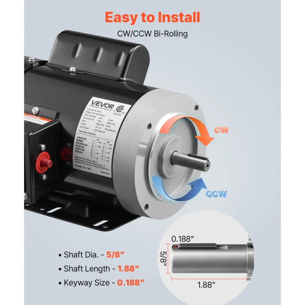 VEVOR 1 HP Electric Motor, 1725RPM Air Compressor Motor, CW/CCW Rotation, 5/8 inch Shaft Diameter, 1.88inch Shaft Length, 4.1N.m Torque, Single-Phase, TEFC Cooling, 115V/230V, 56 Frame