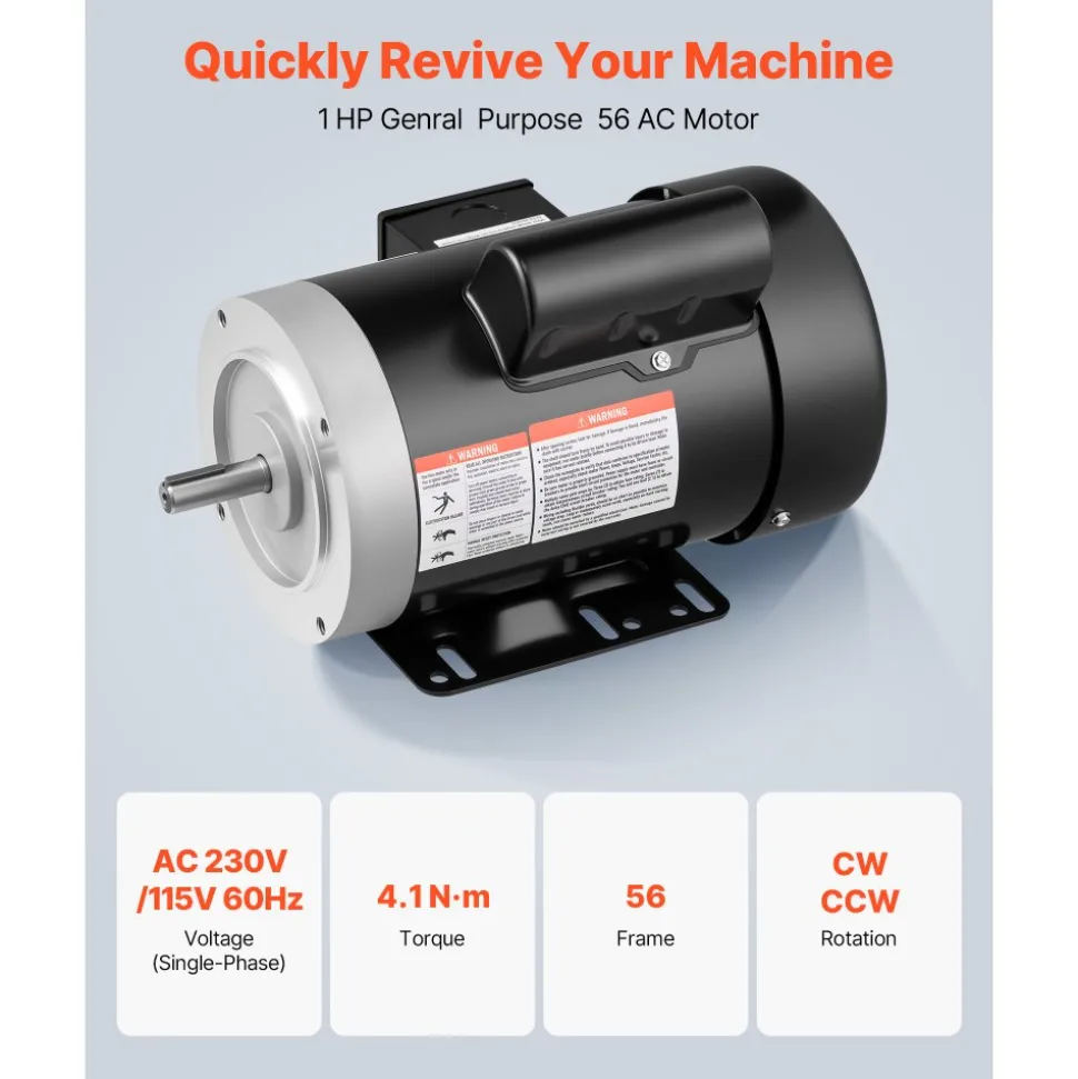 VEVOR 1 HP Electric Motor, 1725RPM Air Compressor Motor, CW/CCW Rotation, 5/8 inch Shaft Diameter, 1.88inch Shaft Length, 4.1N.m Torque, Single-Phase, TEFC Cooling, 115V/230V, 56 Frame