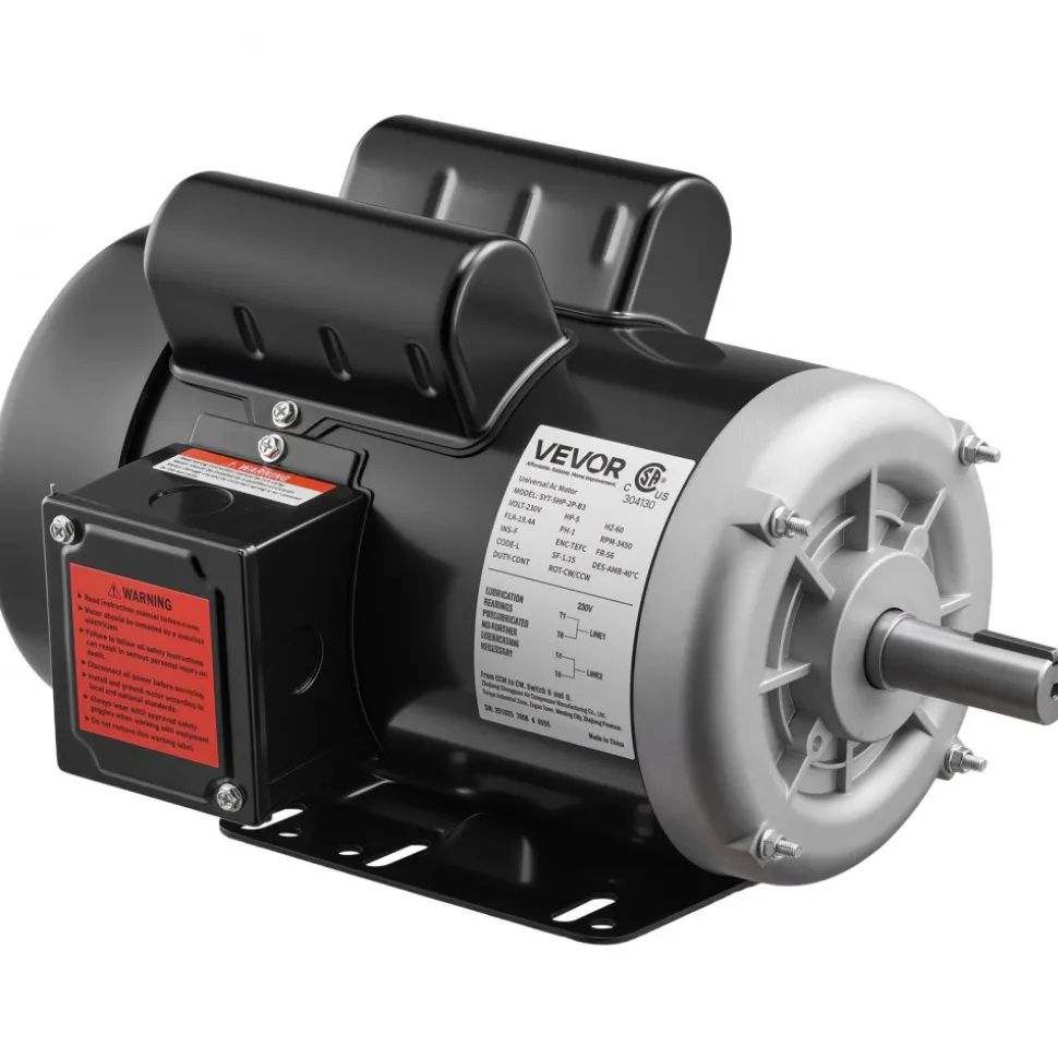 VEVOR 5 HP Electric Motor, 3450RPM Air Compressor Motor, CW/CCW Rotation, 0.875 inch Shaft Diameter, 2.25inch Shaft Length, 10.14N.m Torque, Single-Phase, 230V, TEFC Cooling
