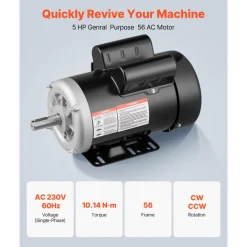VEVOR 5 HP Electric Motor, 3450RPM Air Compressor Motor, CW/CCW Rotation, 0.875 inch Shaft Diameter, 2.25inch Shaft Length, 10.14N.m Torque, Single-Phase, 230V, TEFC Cooling