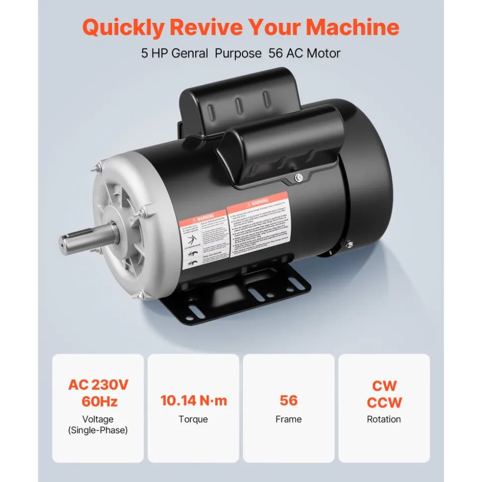 VEVOR 5 HP Electric Motor, 3450RPM Air Compressor Motor, CW/CCW Rotation, 0.875 inch Shaft Diameter, 2.25inch Shaft Length, 10.14N.m Torque, Single-Phase, 230V, TEFC Cooling