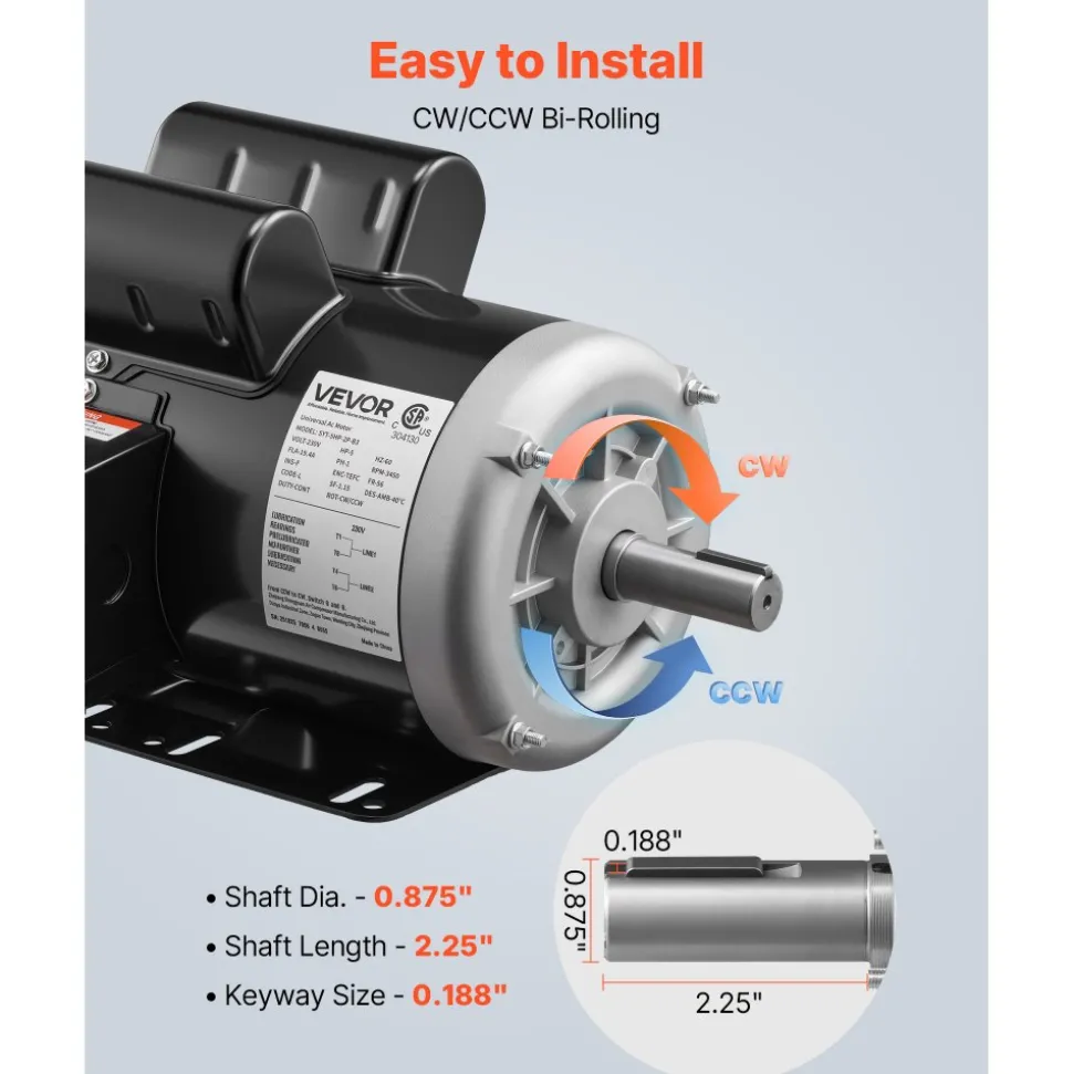 VEVOR 5 HP Electric Motor, 3450RPM Air Compressor Motor, CW/CCW Rotation, 0.875 inch Shaft Diameter, 2.25inch Shaft Length, 10.14N.m Torque, Single-Phase, 230V, TEFC Cooling