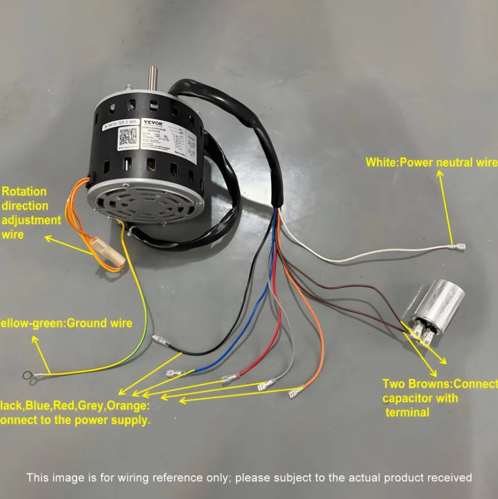 VEVOR 3/4HP Furnace Blower Motor, 208/230V 3.85Amps, 1075RPM 5 Speeds, CW/CCW Rotation, 48 Frame 4.8" Shaft Length, 10μF/450V Capacitor + 11" Hold Hoop