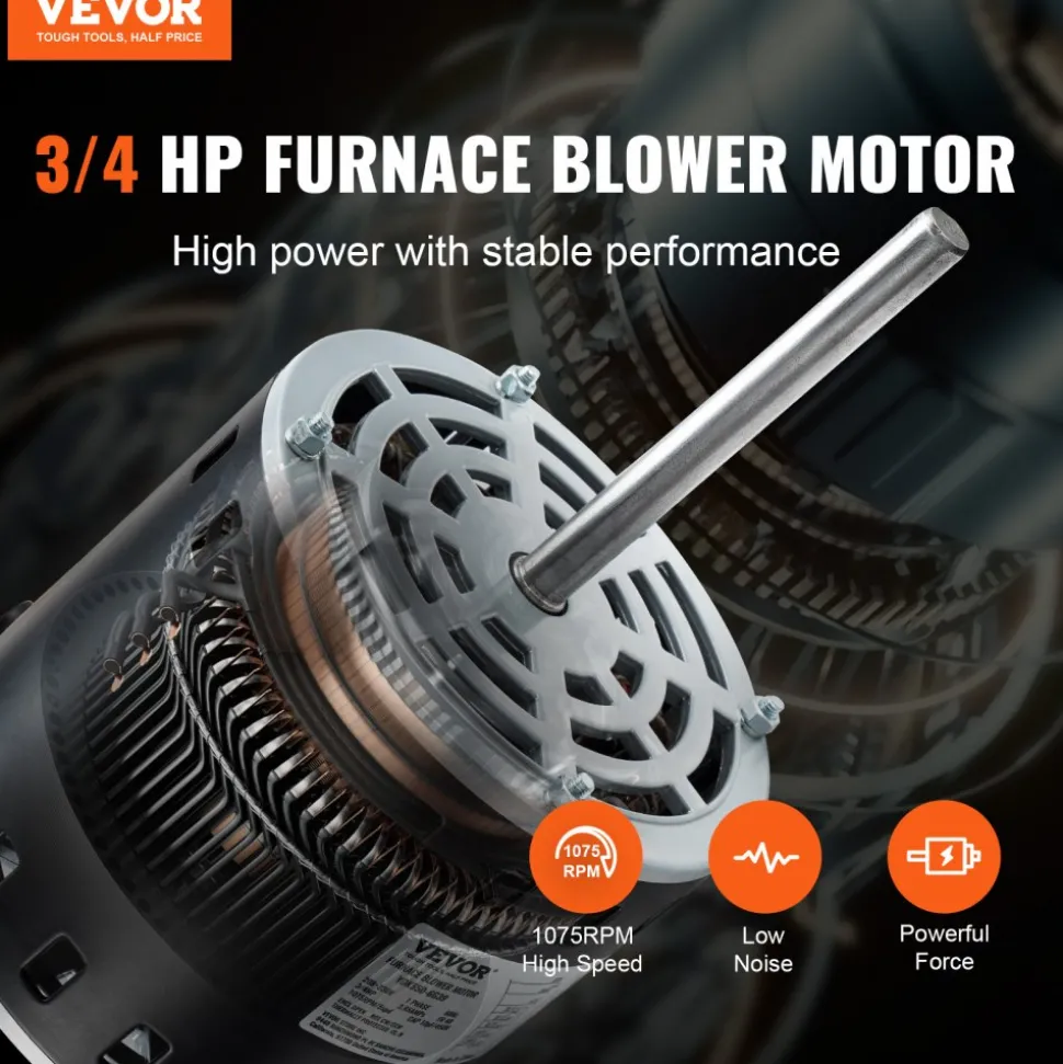 VEVOR 3/4HP Furnace Blower Motor, 208/230V 3.85Amps, 1075RPM 5 Speeds, CW/CCW Rotation, 48 Frame 4.8" Shaft Length, 10μF/450V Capacitor + 11" Hold Hoop