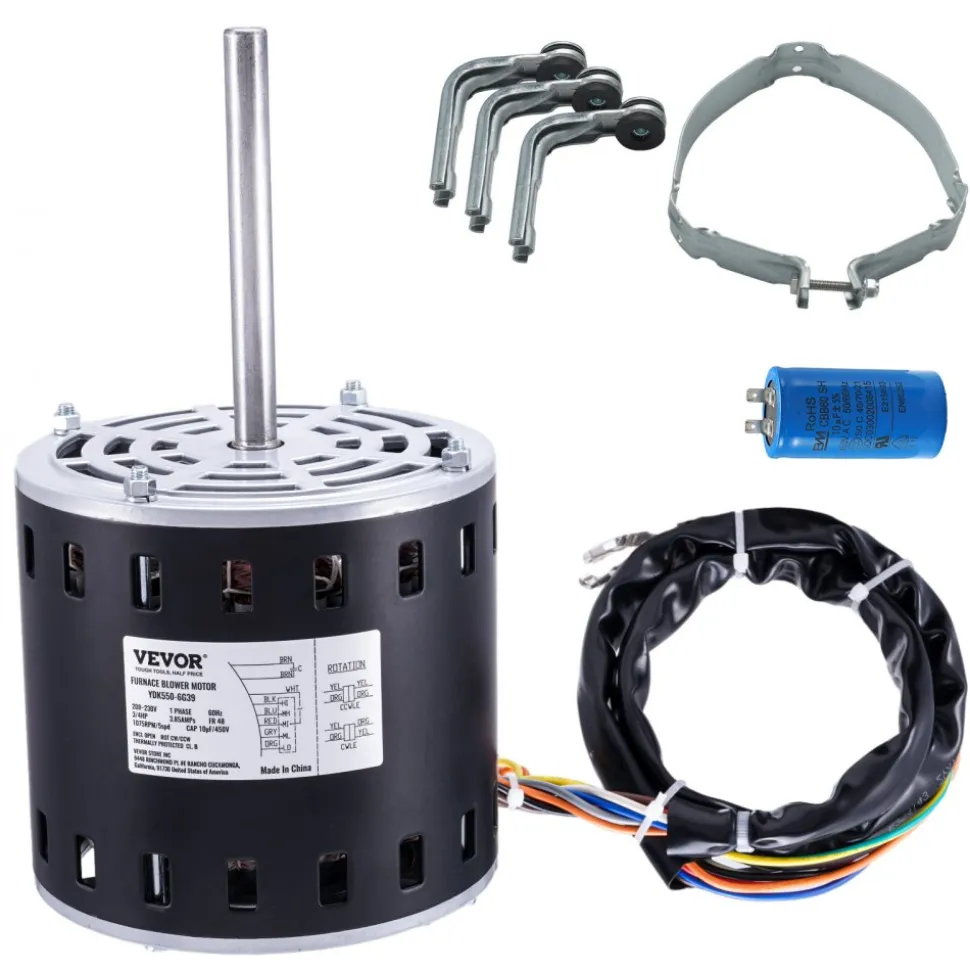 VEVOR 3/4HP Furnace Blower Motor, 208/230V 3.85Amps, 1075RPM 5 Speeds, CW/CCW Rotation, 48 Frame 4.8" Shaft Length, 10μF/450V Capacitor + 11" Hold Hoop