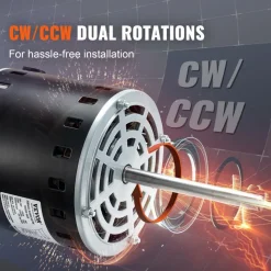 VEVOR 3/4HP Furnace Blower Motor, 208/230V 3.85Amps, 1075RPM 5 Speeds, CW/CCW Rotation, 48 Frame 4.8