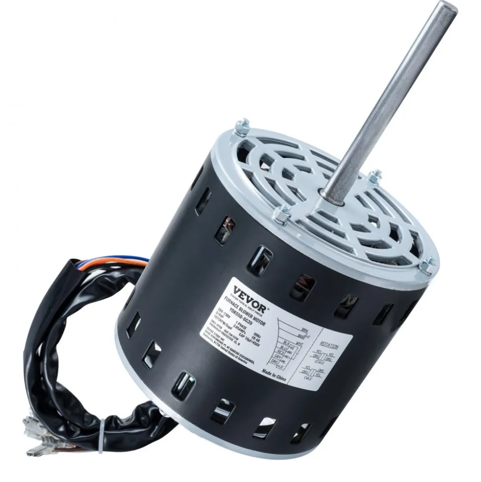 VEVOR 3/4HP Furnace Blower Motor, 208/230V 3.85Amps, 1075RPM 5 Speeds, CW/CCW Rotation, 48 Frame 4.8" Shaft Length, 10μF/450V Capacitor + 11" Hold Hoop