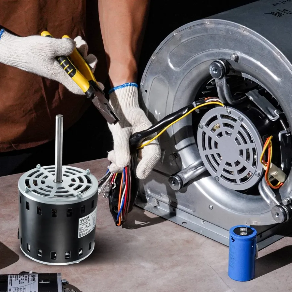 VEVOR 3/4HP Furnace Blower Motor, 208/230V 3.85Amps, 1075RPM 5 Speeds, CW/CCW Rotation, 48 Frame 4.8" Shaft Length, 10μF/450V Capacitor + 11" Hold Hoop