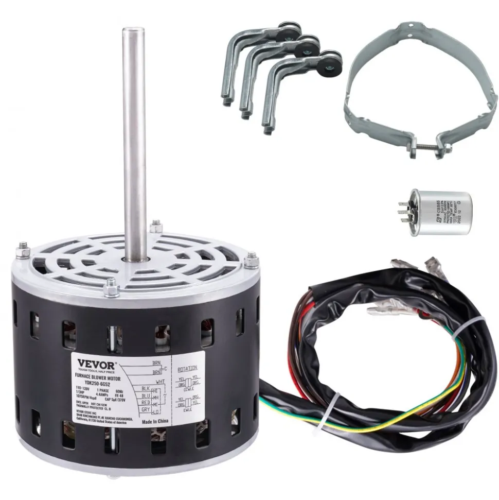 VEVOR 1/3HP Furnace Blower Motor, 110/120V 4.4Amps, 1075RPM 4 Speeds, CW/CCW Rotation, 48 Frame 5.2" Shaft Length, 5μF/370V Capacitor + 11" Hold Hoop
