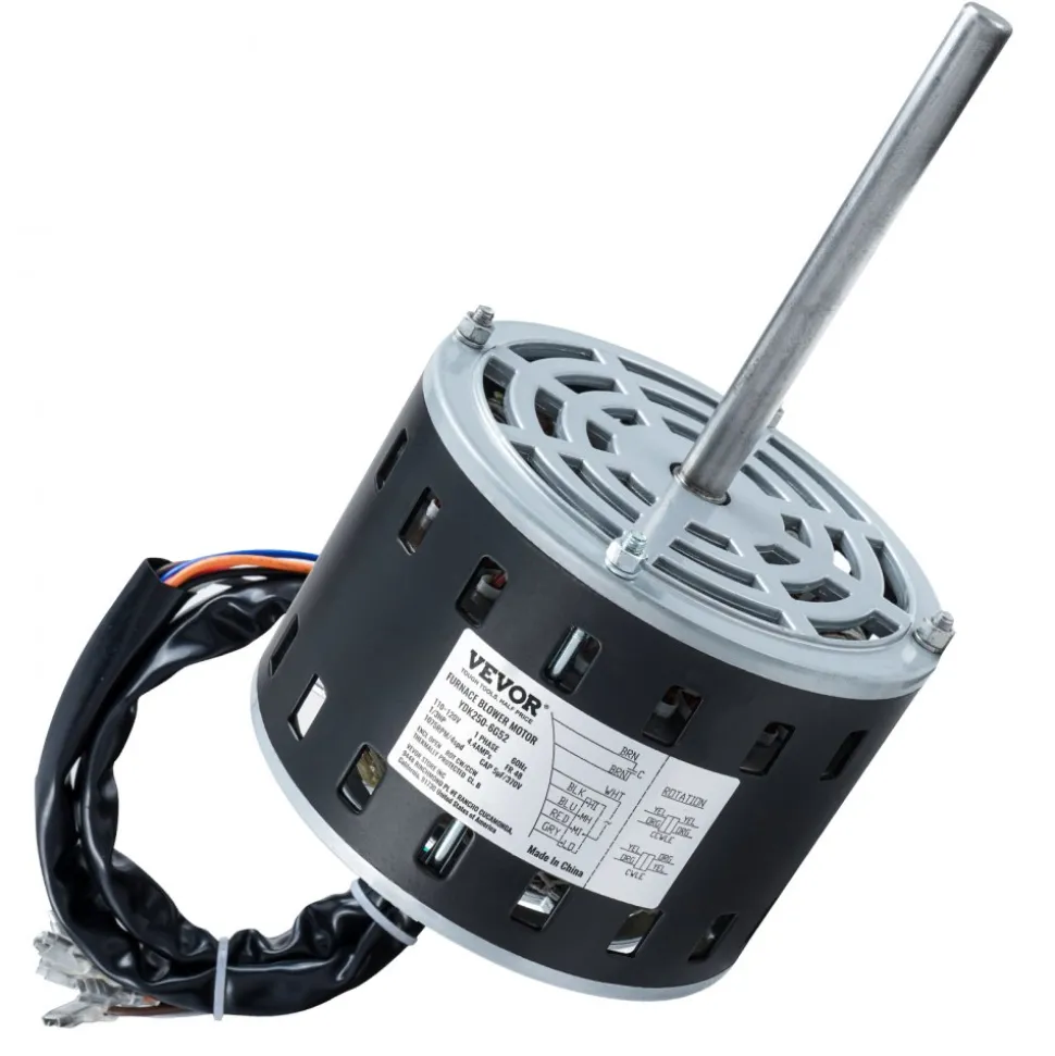 VEVOR 1/3HP Furnace Blower Motor, 110/120V 4.4Amps, 1075RPM 4 Speeds, CW/CCW Rotation, 48 Frame 5.2" Shaft Length, 5μF/370V Capacitor + 11" Hold Hoop