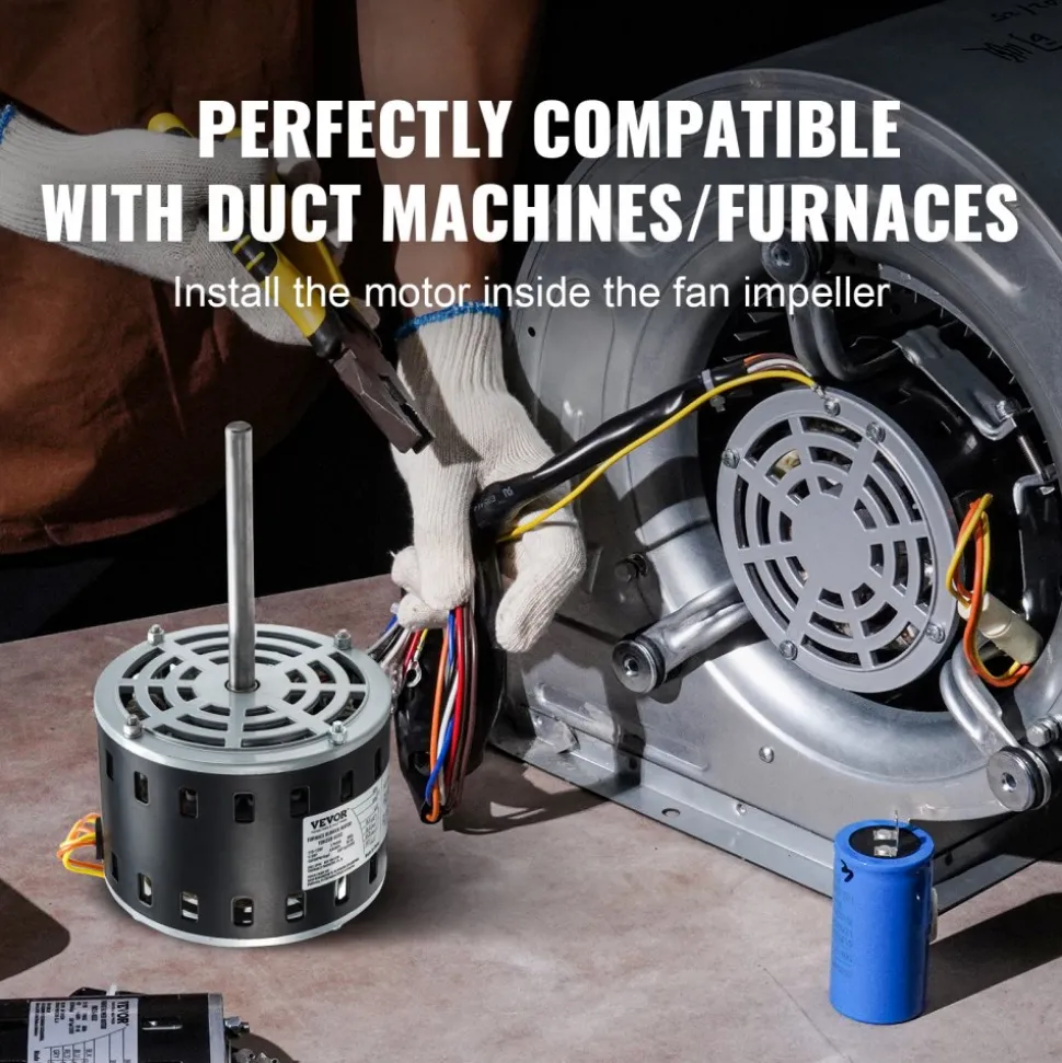 VEVOR 1/3HP Furnace Blower Motor, 110/120V 4.4Amps, 1075RPM 4 Speeds, CW/CCW Rotation, 48 Frame 5.2" Shaft Length, 5μF/370V Capacitor + 11" Hold Hoop
