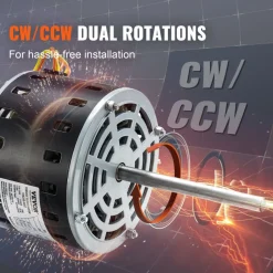 VEVOR 1/3HP Furnace Blower Motor, 110/120V 4.4Amps, 1075RPM 4 Speeds, CW/CCW Rotation, 48 Frame 5.2