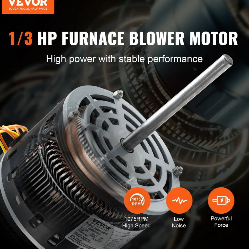 VEVOR 1/3HP Furnace Blower Motor, 110/120V 4.4Amps, 1075RPM 4 Speeds, CW/CCW Rotation, 48 Frame 5.2" Shaft Length, 5μF/370V Capacitor + 11" Hold Hoop