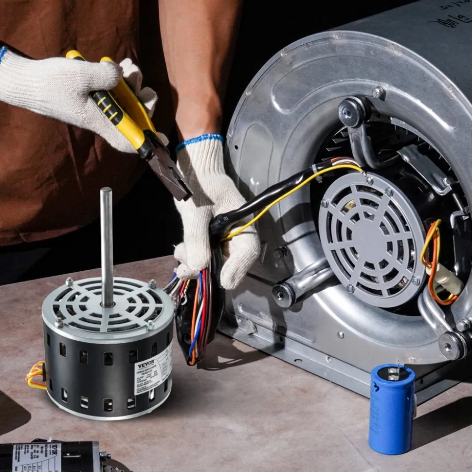 VEVOR 1/3HP Furnace Blower Motor, 110/120V 4.4Amps, 1075RPM 4 Speeds, CW/CCW Rotation, 48 Frame 5.2" Shaft Length, 5μF/370V Capacitor + 11" Hold Hoop